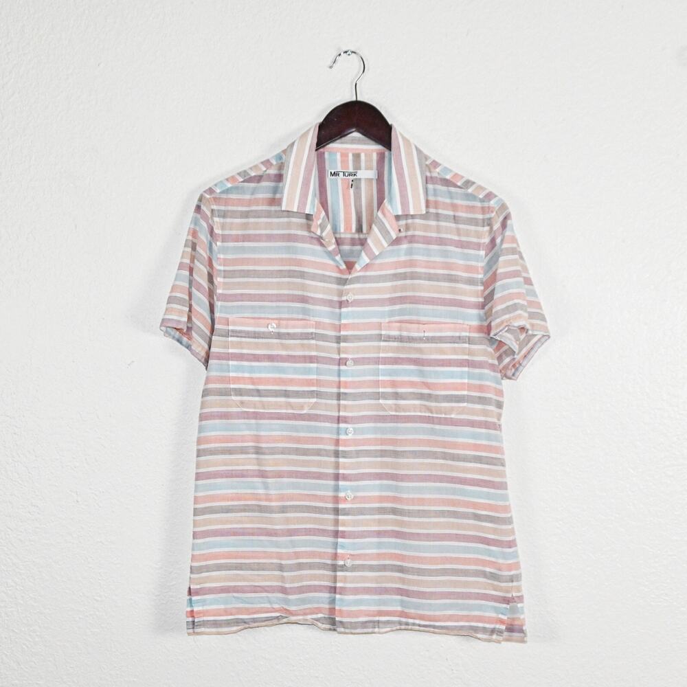 MR TURK Men's Short Sleeve Button up Shirt pastel stripe cotton sz Small